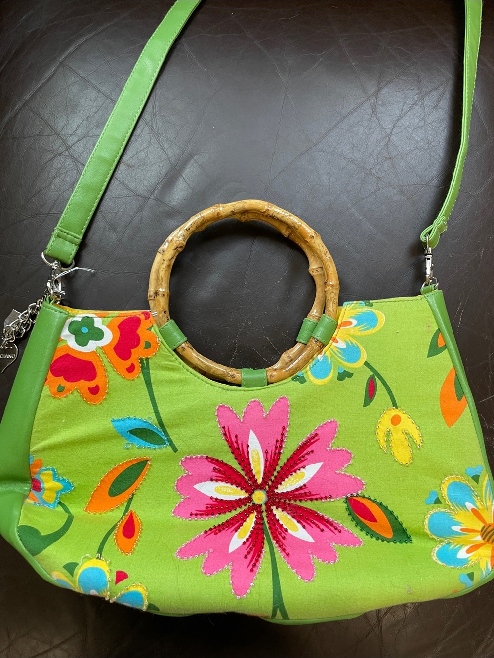Braciano Green Floral Bamboo-Handle Shoulder Bag with Pink Accents